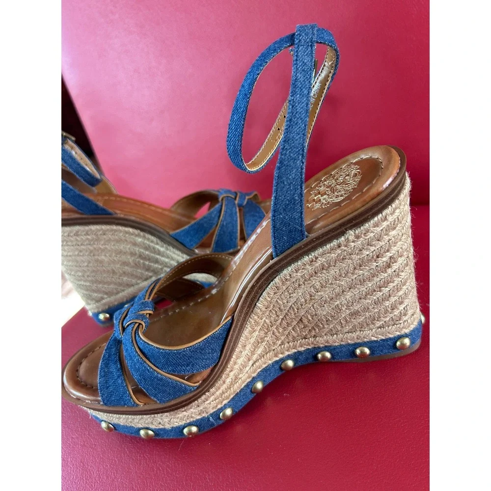 Vince Camuto Women's Denim Espadrille Wedge Sandals Studded Platform Poula 7.5 - Picture 2 of 12